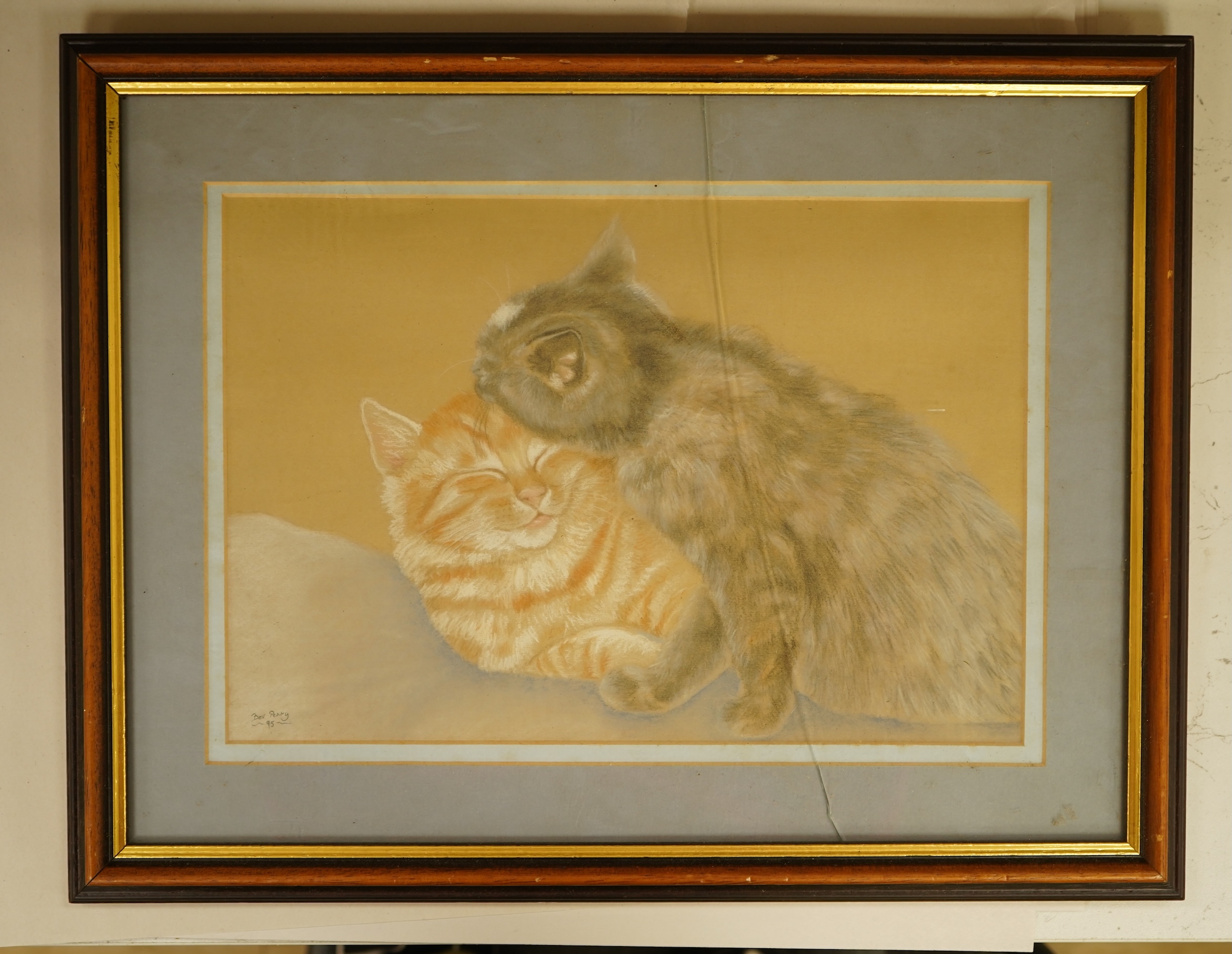 Bev Perry, Study of two cats, signed and dated '95, pastel heightened with white, 21 x 30cm